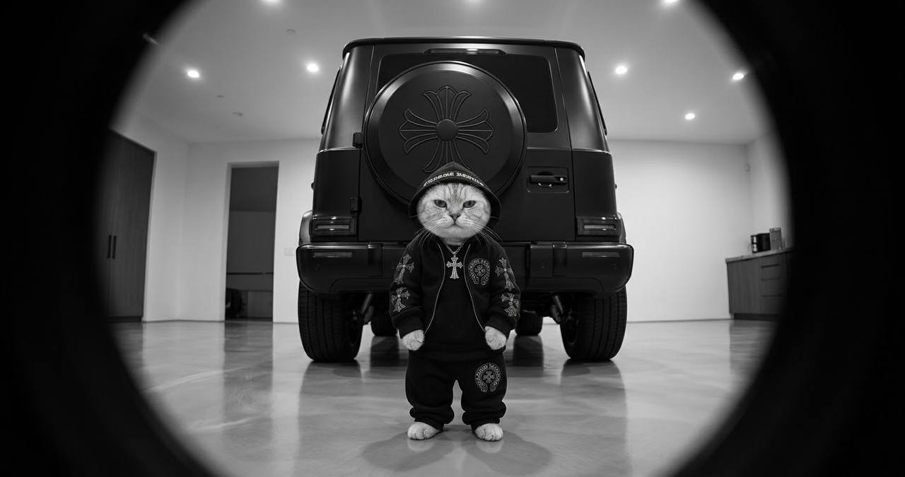 Cat in a tracksuit in front of a blacked out truck with a cross spare cover