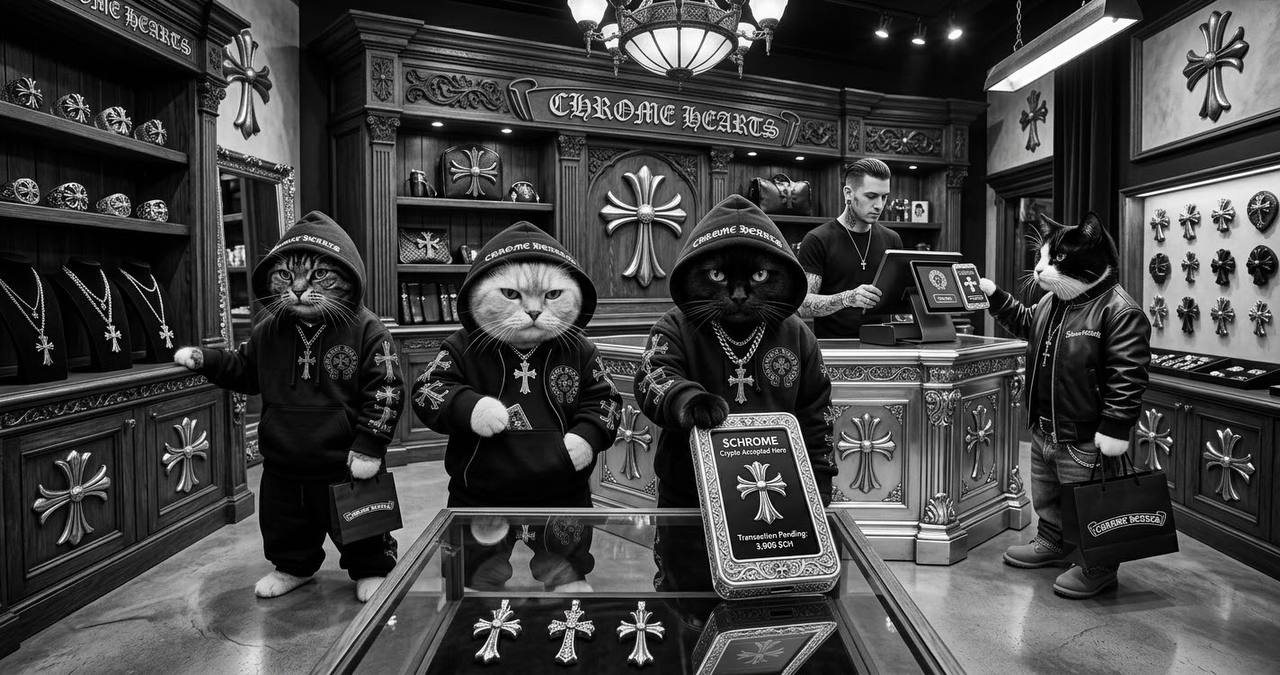 Cats shopping inside a silver-clad Chrome Hearts boutique