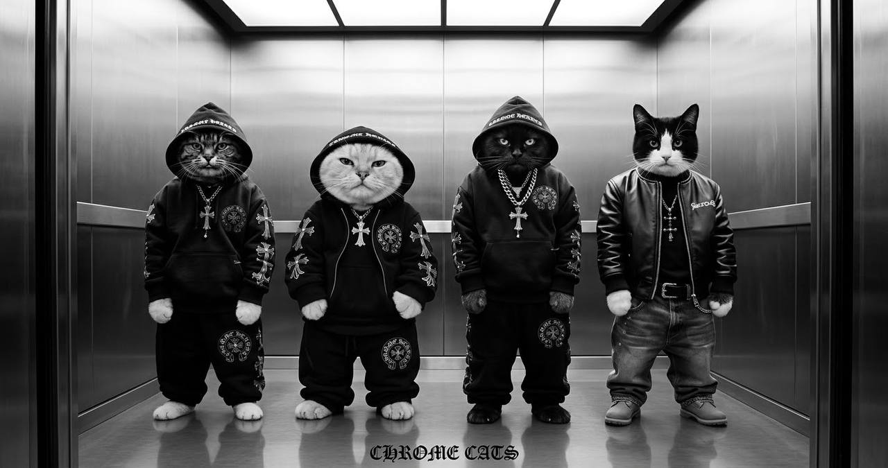 Four cats in Chrome Hearts hoodies standing in a steel elevator