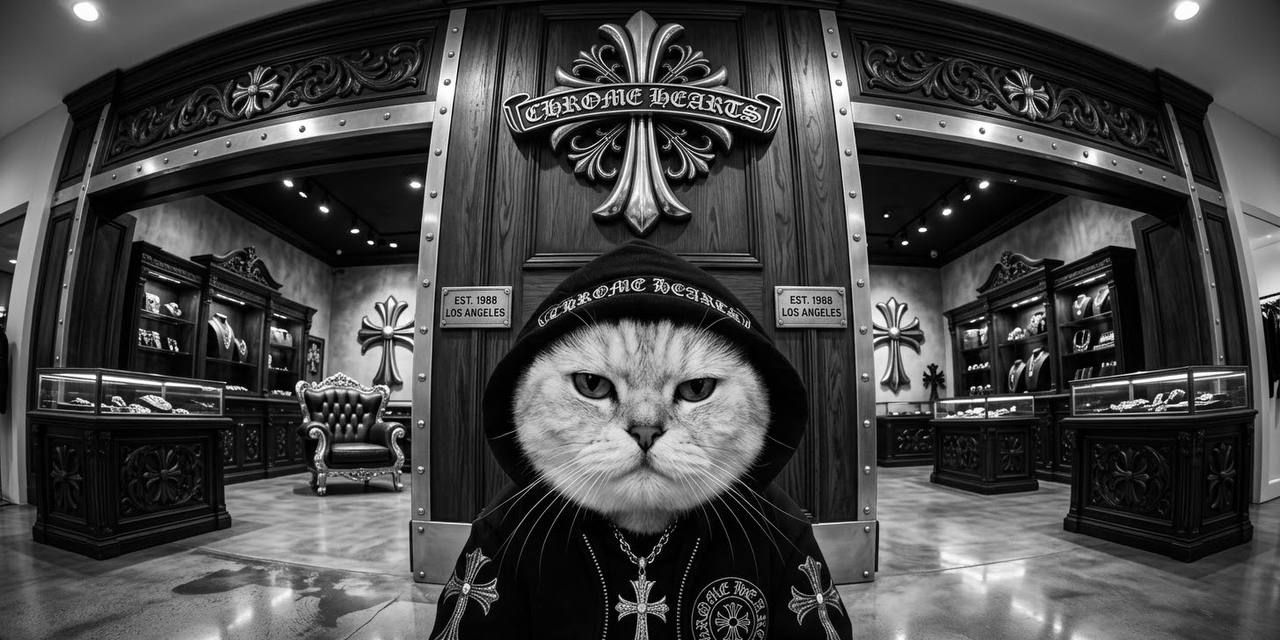 Hooded cat standing beneath a silver cross above the Chrome Hearts storefront